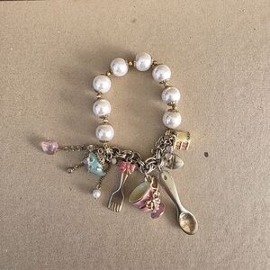 Betsey Johnson Tea Party Tea Cup Cake Bracelet VINTAGE Y2K Rare Cute Fork Gold